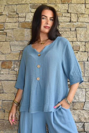 Andi Basket Linen Blend Top Denim